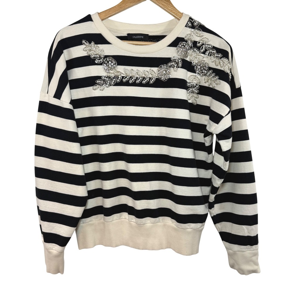 Calligraphie‎ Striped Beaded Pullover Sweatshirt Black Cream Preppy Parisian S